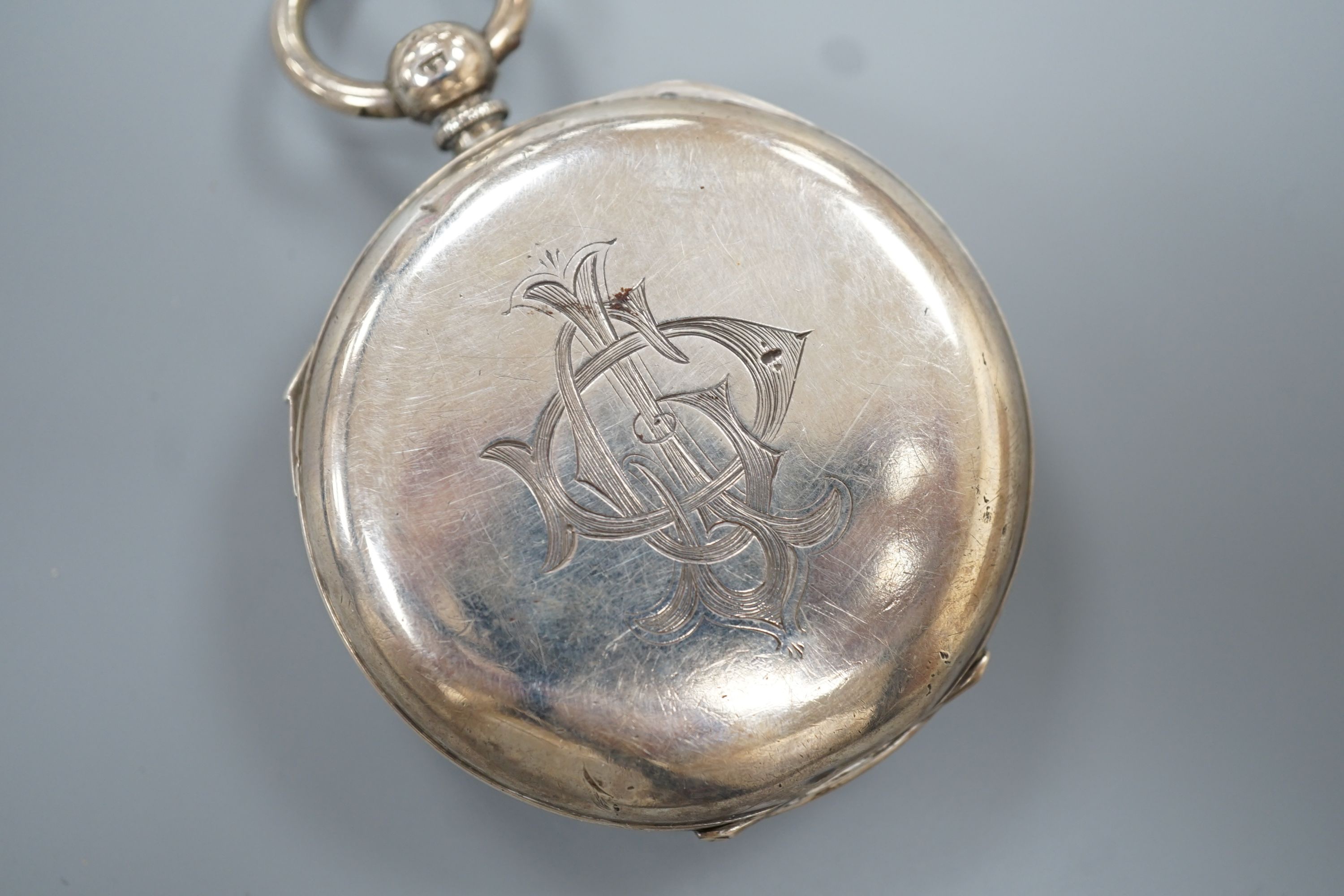 A late Victorian silver open face chronograph pocket watch, by Stewart Dawson & Sons, cased diameter 53mm.